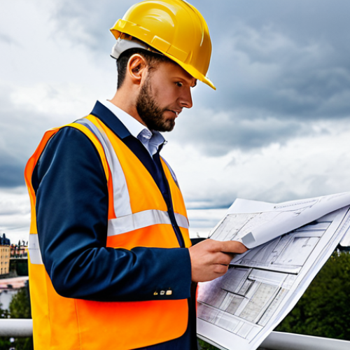 Home 7 **
A professional architect, fully clothed in appropriate work attire (e.g., smart trousers, blouse, blazer), reviewing blueprints on a construction site in Stockholm, Sweden. Background shows modern Scandinavian architecture under a cloudy sky. Perfect anatomy, natural proportions, well-formed hands, safe for work, professional, appropriate content, fully clothed, modest.
**